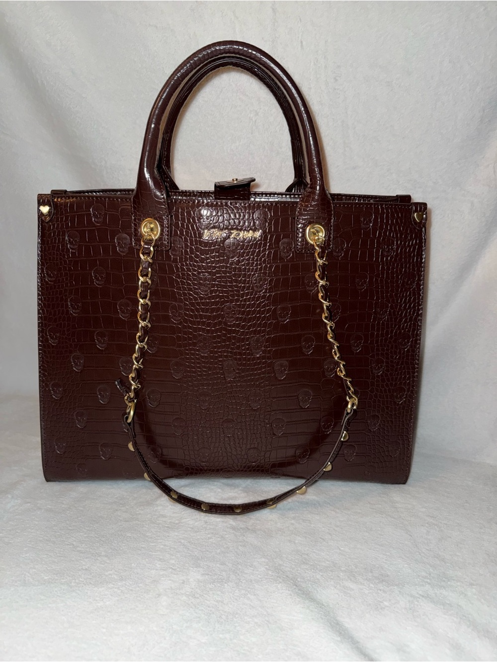 Betsy Johnson Croc-Embossed Top-Handle Tote in Dark Brown with Chain Strap
